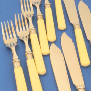 Decorated Chromium Plated Set of Bone Handled Fish Knives and Forks 1