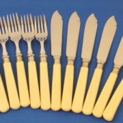 Decorated Chromium Plated Set of Bone Handled Fish Knives and Forks 2